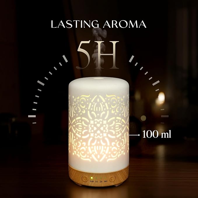 Earnest Living Essential Oil Diffuser White Ceramic Diffuser 100 ml Timers Night Lights and Auto Off Function Home Office Humidifier Aromatherapy Diffusers for Essential Oils - Bloomnest