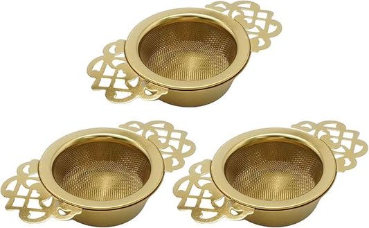 3Pcs Gold Empress Tea Strainers with Drip Bowls, Stainless Steel Mesh Tea Infuser, with Elegant Double Winged Handles for Better Experience