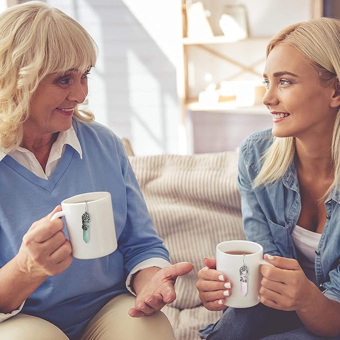 2 Pack Healing Crystal Pendant Loose Tea Steeper Tea Infusers Tea Strainers for Couple Gift,Antique Silver Flower Wrapped Natural Gemstone Hexagonal 18/8 Stainless Steel Fine Mesh Tea Ball