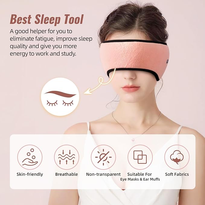 Plush Sleep Mask - Adjustable Headband, 2 in 1 Eye & Ear Mask for Men & Women, Soft Eye Cover for Side Sleepers (Pink) - Bloomnest