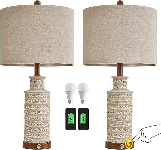 BOBOMOMO 24.5'' 3-Way Dimmable Touch Control Table Lamp Set of 2 with Dual USB Charging Ports for Bedroom Living Room Vintage Rustic Farmhouse Traditional Nightstand Bedside Lamps(Bulbs Included) - Bloomnest