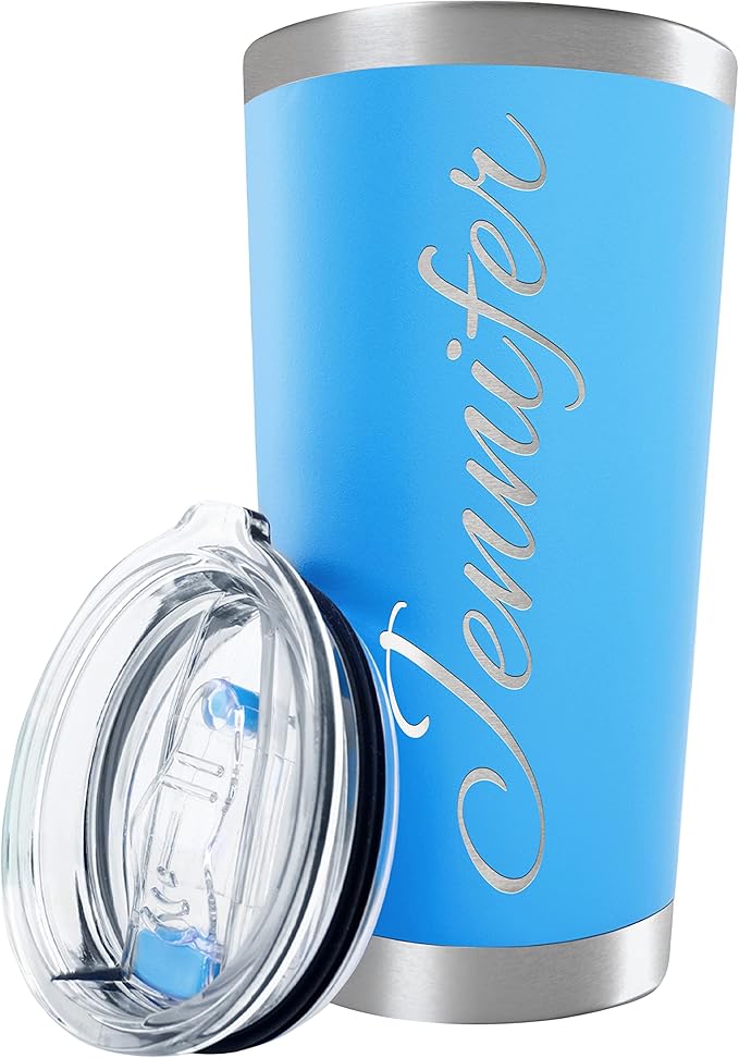 Personalized Tumbler with Engraved Name - 12 Designs, 20 Oz Coffee Tumbler with Slider Lid, Sky Blue, Double Wall Insulated - Custom Gifts for Women - Bloomnest