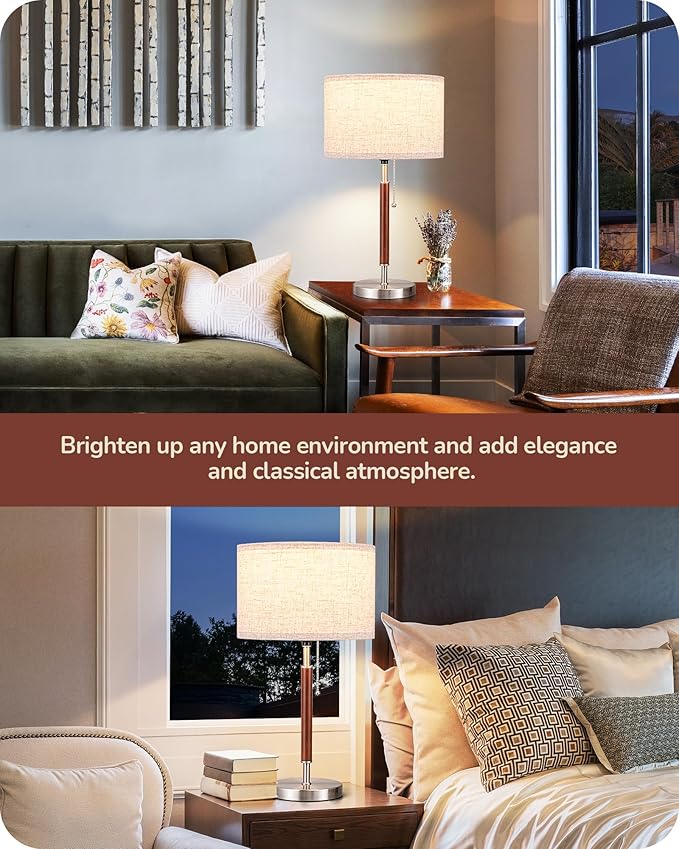 EDISHINE Mid Century Table Lamp, Solid Wood and Metal Bedside Lamp with Pull Chain Switch & Beige Linen Shade, Retro Nightstand Lamp for Bedroom Living Room End Table, E26 Base - Bloomnest