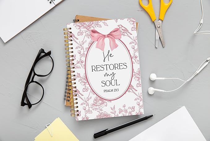 Christian Notebook for Women, Christian Art Gifts Journal, Prayer Journal for Women, Bible Journaling Notebook, PSALM 23:3 He Restores My Soul Floral Spiral Notebook 5.5x8.3 - Bloomnest
