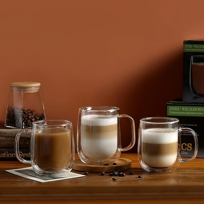 CNGLASS Glass Coffee Mugs 12oz,Double Wall Insulated Mug Set with Handle,Clear Glass Espresso Mugs for Latte,Cappuccino,Tea Bag,Hot and Cold Beverages,Set of 2 - Bloomnest