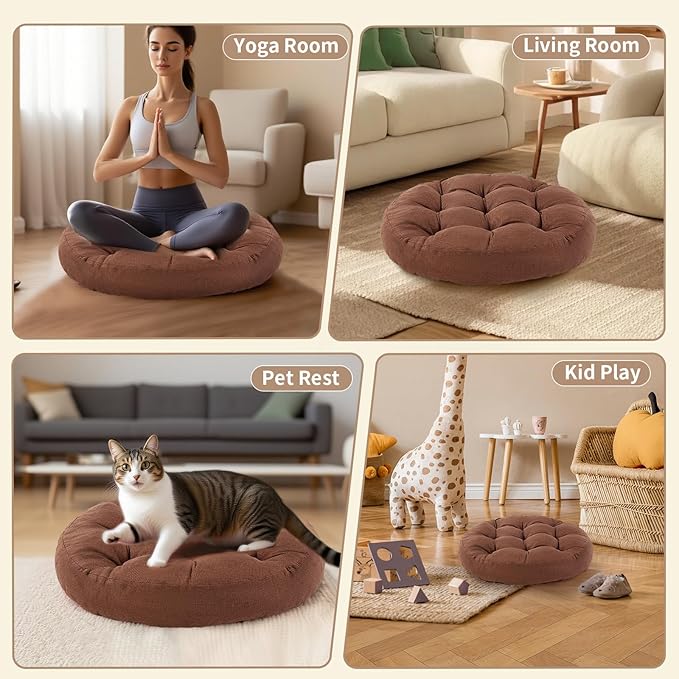 Meditation Floor Pillow, 2 Pack Round Floor Cushions for Adults, Button Tufted Seat Cushions for Yoga Tatami Living Room, Brown, 22 x 22 x 4 in