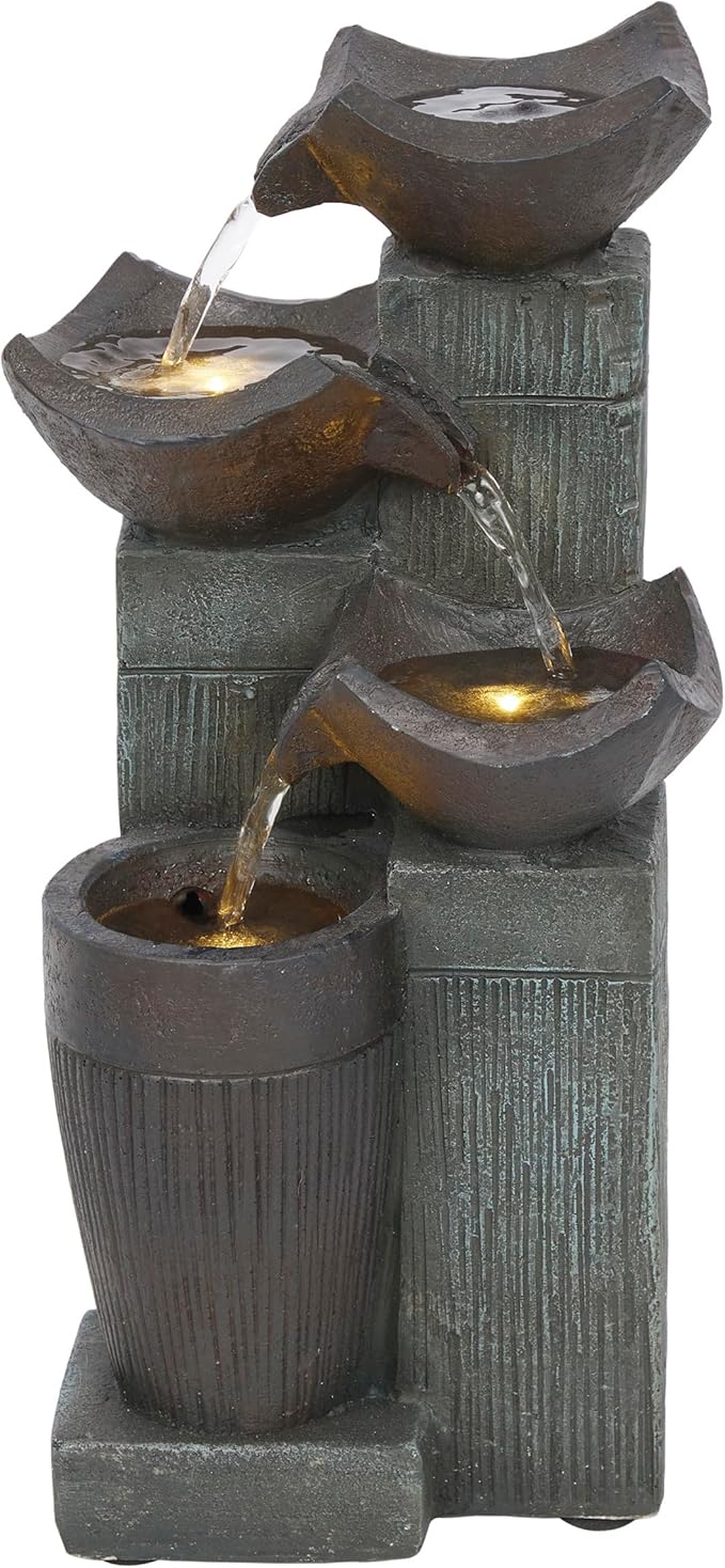 Alpine Corporation TZL414 14" 4 Tier Squared Bowls Fountain with LED Lights, Elegant Tabletop Water Feature for Home, Office, Living Room, Bedroom & Desk Decor, Gray - Bloomnest