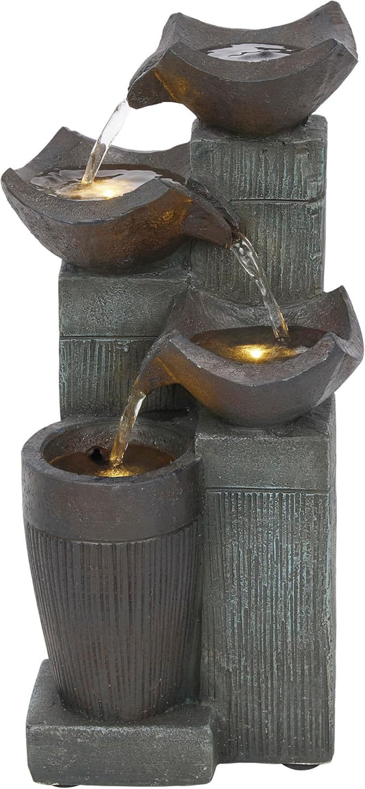 Alpine Corporation TZL414 14" 4 Tier Squared Bowls Fountain with LED Lights, Elegant Tabletop Water Feature for Home, Office, Living Room, Bedroom & Desk Decor, Gray - Bloomnest