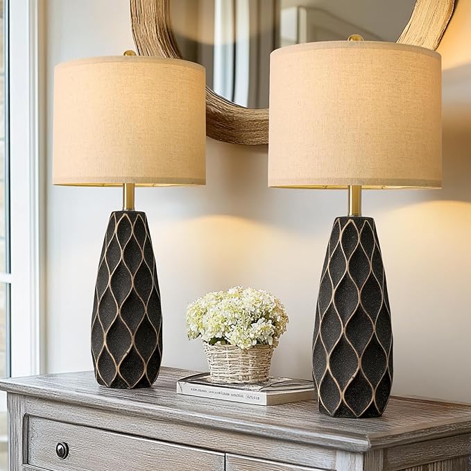PORTRES 27.5" Ceramic Table Lamps for Bedroom Living Room Lamps Set of 2 Modern Bedside Nightstand Lamp Farmhouse Vintage Rustic Boho Retro Large Table Lamps Light Home Office Desk Deco Gifts, Black - Bloomnest