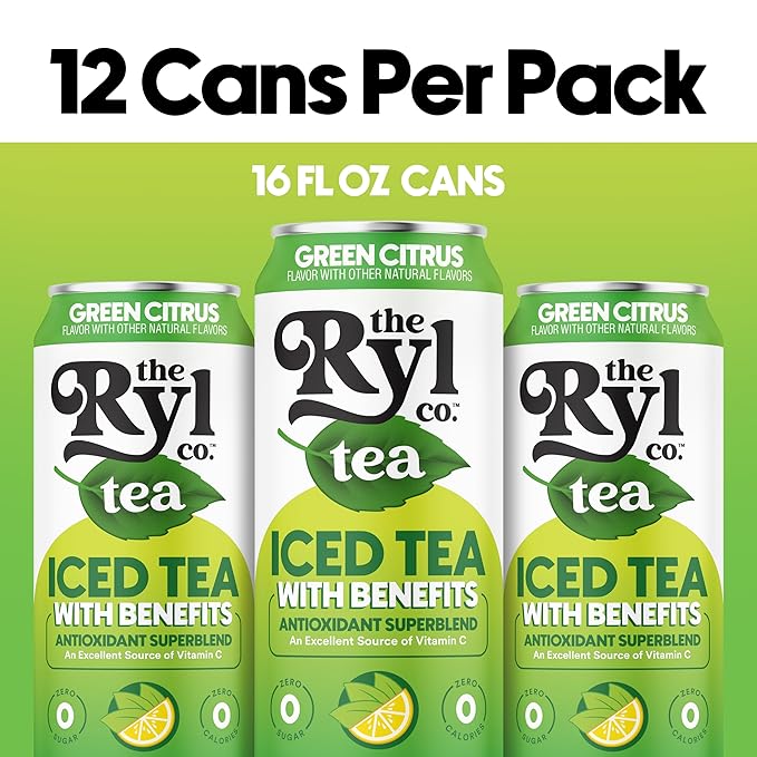 Ryl Iced Tea, Green Citrus Tea, Antioxidant Superblend, Zero Sugar, Low Carb, Zero Calorie - 16.0 Fl Oz (12-Pack) - Bloomnest