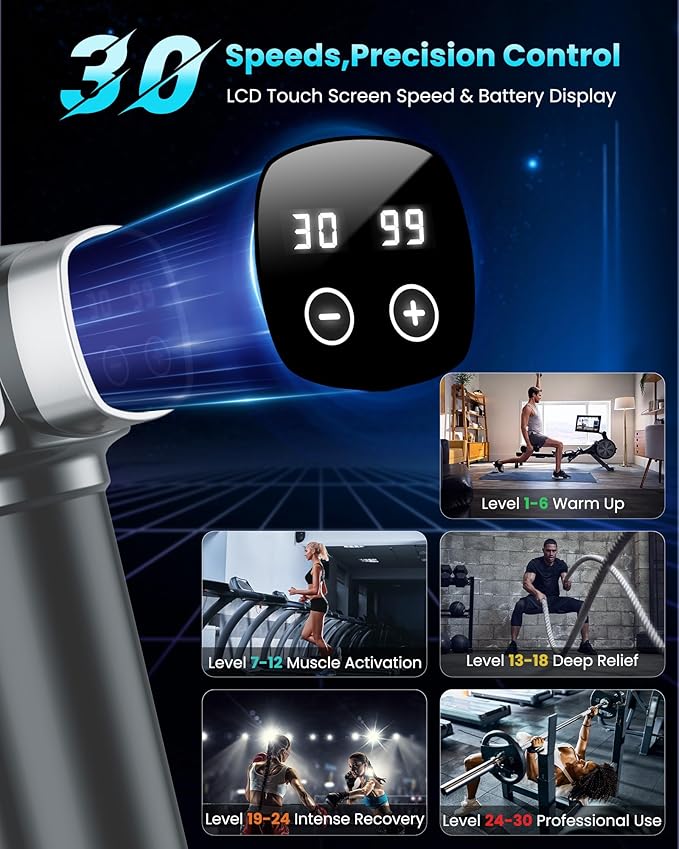 Deep Tissue Massage Gun, Portable Percussion Electric Muscle Massager for Pain Relief, Handheld Massagers with 30 Speeds & 6 Attachments for Back and Neck, Gifts for Men Women - Bloomnest