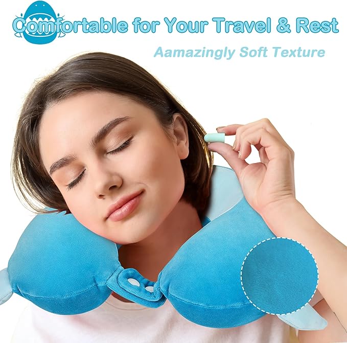 Kids Neck Pillow for Traveling, Adujstable Airplane Pillow with Travel Bag, Travel Essentials for Long Flights, Soft & Support Airplane Pillow for Headrest Sleep - Blue Shak - Bloomnest