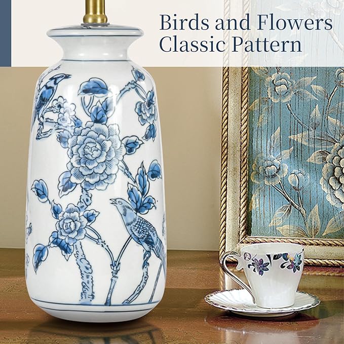24.25" Blue Ceramic Table Lamp for Living Room, Classic Blue and White Lamp for End Table, Blue Birds and Flowers Lamps, Traditional China Nightstand Lamp for Bedroom - Bloomnest