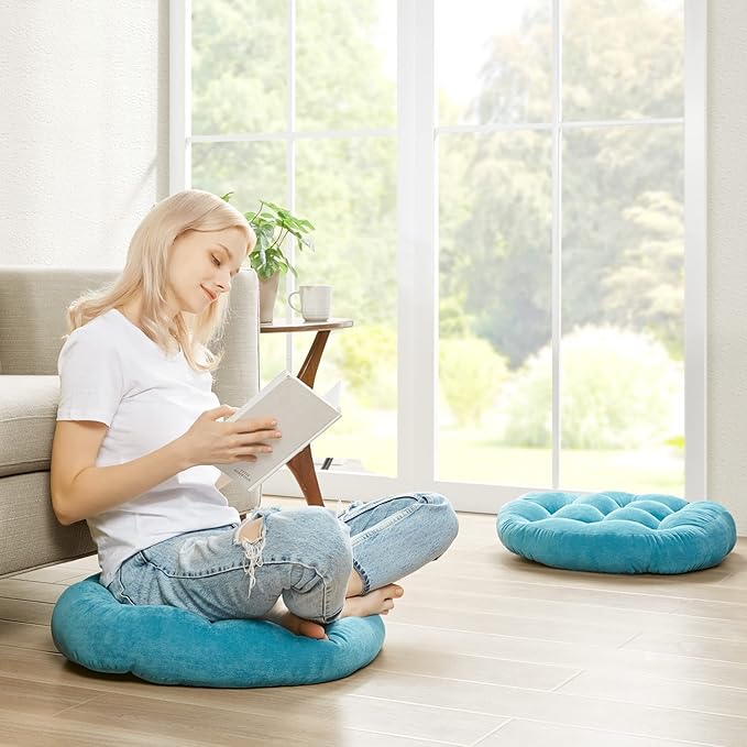 Meditation Floor Pillow Set of 2, Round Large Pillows Seating for Adults, Tufted Corduroy Thick Cushion for Living Room Tatami, Turquoise, 22 Inch'2 Count (Pack of 1) - Bloomnest