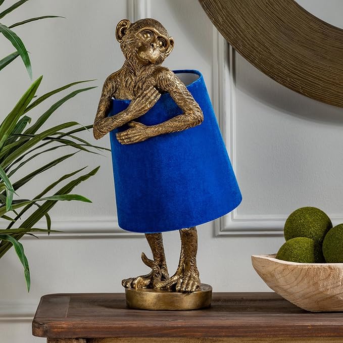 Crestview Collection Monkey Table Lamp – Gold Resin Animal Lamp, Retro Rustic Art Deco Farmhouse Desk Lamp with Blue Velvet Shade for Bedroom, Living Room, Bedside, Nightstand or Small Space - Bloomnest