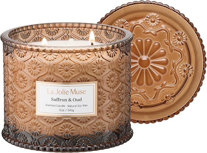 LA JOLIE MUSE Saffron & Oud Candle - Incense, Oud, Red Saffron | 12 oz Large 2-Wick Soy Wax Candle | 60 Hours Clean Burn | Gift-Ready for Hosts & Gatherings | Elegant Home Décor - Bloomnest
