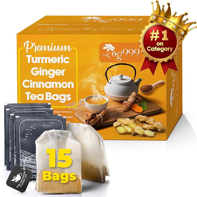 TOG999, Premium 15 Tea Bags Turmeric, Ginger, Cinnamon, 100% Natural, Hand-made Blend of Turmeric, Ginger, and Cinnamon Herbal Tea. Eco-conscious Tea Bags. No Sugar, No Caffeine, No Gluten, Vegan. - Bloomnest