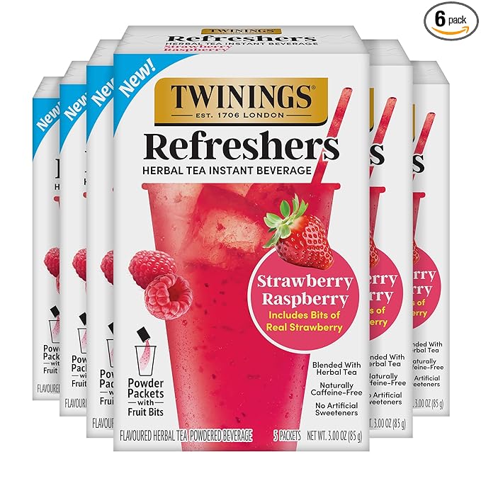 NEW Twinings Strawberry Raspberry Refreshers, Herbal Tea Instant Beverage, Real Strawberry Fruit Bits, 5 Count (Pack of 6), Café Style, No Artificial Sweeteners, Naturally Caffeine-Free, 30 Packets - Bloomnest
