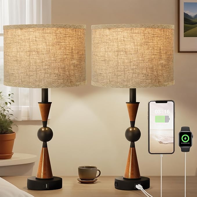 23'' Modern Table Lamps Set of 2 - Farmhouse Bedside Lamps for Bedroom with USB A+C, Wooden Lamps for Night Stands, Lamp for Living Room End Tables - Bloomnest