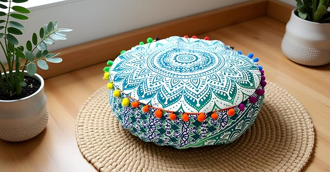 INDIAN CRAFT CASTLE ICC Mandala Barmeri Large Floor Pillow Cover Cushion Meditation Seating Ottoman Throw Cover Hippie Decorative Zipped Bohemian Pouf Ottoman Cases Green Ombre 16" Round - Bloomnest