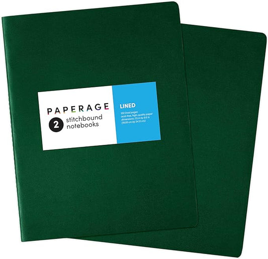 PAPERAGE Soft Cover Lined Journal Notebook, 2 Pack, (Dark Green), 100 Pages, Large 7.5 inches x 9.5 inches, College Ruled, Ideal for Note Taking & Travel Journal - Bloomnest