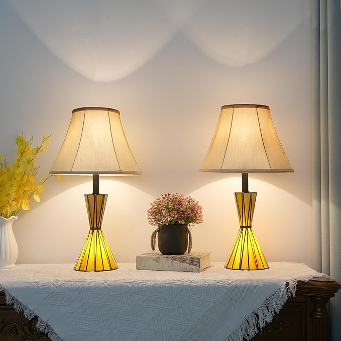 Modern Table Lamps Set of 2 with Hand Crafted Stained Glass Night Lights 3-Way Dimmable Bedside Lamps with Yellow Fabric Shades for Home Decor - Bloomnest