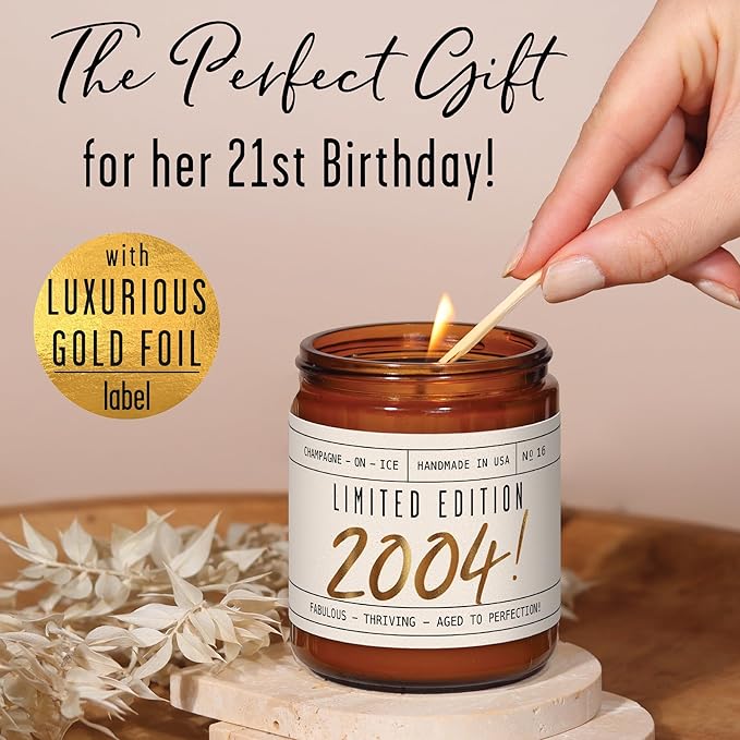 Soy and Sass 21st Birthday Jar Candle - 'Limited Edition 2004' Champagne on Ice Scent, 9oz Reusable Jar, 50Hr Burn, Made in USA - Bloomnest