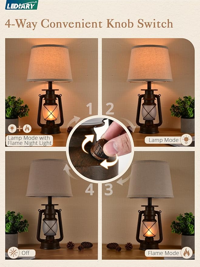 LEDIARY 18.72" LED Vintage Lantern Flickering Flame Table Lamps for Bedrooms Set of 2, Small Farmhouse Rustic Vintage End Table Lamps, Halloween Decorative Lantern Bedside Lamps for Living Room - Bloomnest
