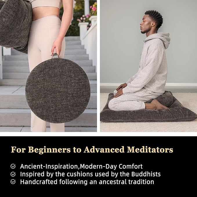 Meditation Zafu Cushion Set with Buckwheat Hulls & Memory Foam - Ergonomic Support for Yoga & Sitting - Removable Machine-Washable Luxury Velvet Cover - for Adults and Kids (Cl03-Brown)