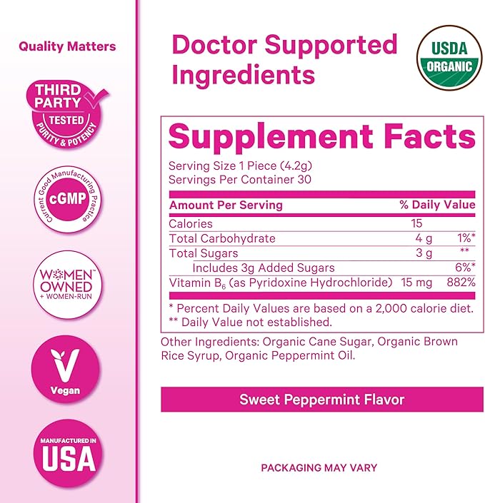 Pink Stork Organic Peppermint Sweets for Morning Sickness and Motion Sickness Support, Added Vitamin B6, 1st Trimester Pregnancy Must Haves - 30 Wrapped Peppermint Candies - Bloomnest