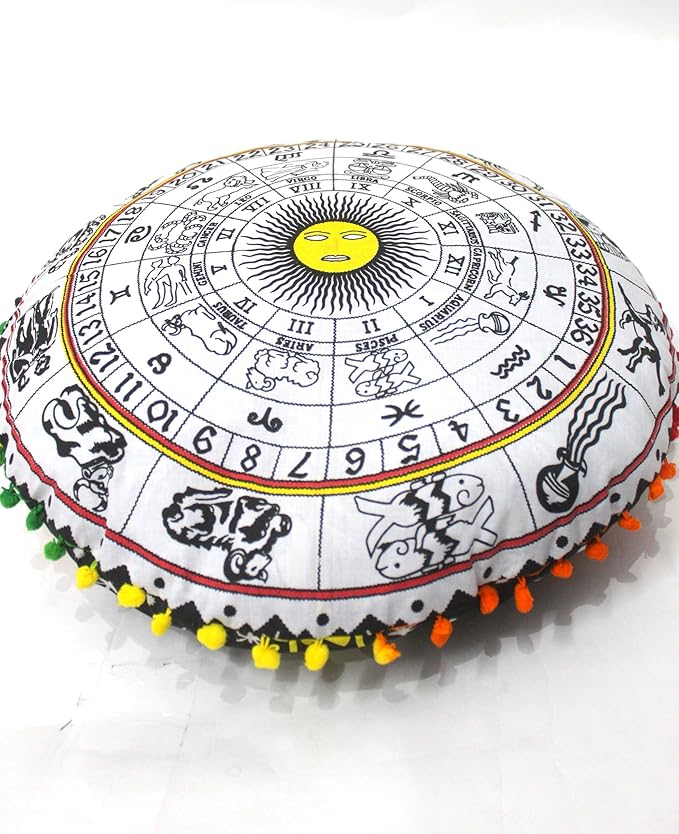 CRAFT KALA Large Round Bohemian Floor Pillow Pouf Cover Mandala Meditation Room Pillow Cover for Adults Boho Seating Poufs Cushion Cover for Kids Playroom 32" Round Yellow and White Zodiac - Bloomnest