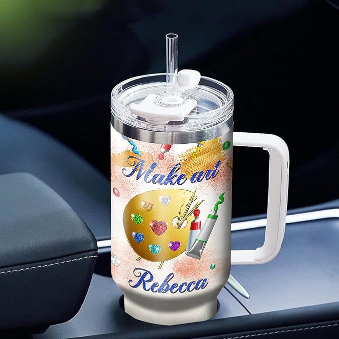 WAZONE Personalized Make Art And She Lived Happily Ever After Stainless Steel Tumbler 40oz with Handle and Straw Insulated Gifts Cool For Girl Painting Lover Painters Artists Teachers - Bloomnest