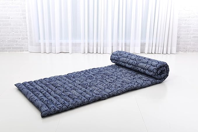 Leewadee - Foldable Floor Mattress - Japanese Roll Up Futon -Trifold Tatami Mat- Guest Floor Bed - Camping Mattress - Thai Massage Mat, Kapok Filled, 75 x 28 inches, Blue White - Bloomnest
