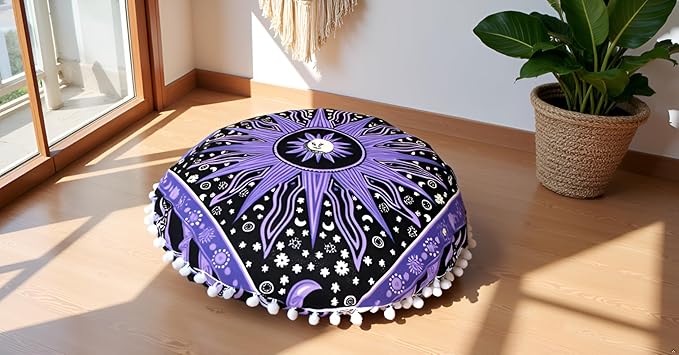 CRAFT KALA 22" Bohemian Floor Pillow Pouf Cover Mandala Boho Large Round Meditation Room Pillow Covers for Adults Seating Poufs Cushion Cover for Kids Playroom Purple Burning Sun - Bloomnest