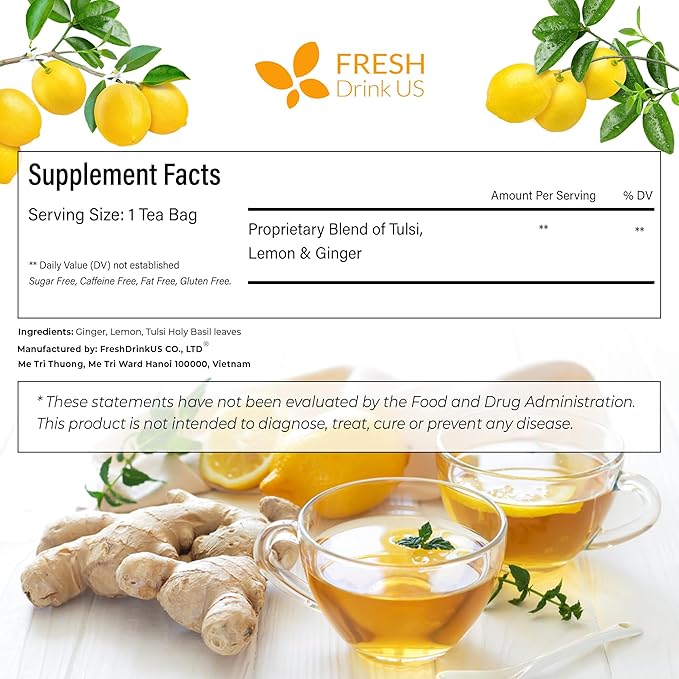 FreshDrinkUS, Premium 35 Tulsi Lemon Ginger Tea Bags, 100% Natural & Pure from Tulsi Holy Basil Leaves, Lemon and Ginger. Made with Natural Material Tea Bags. No Sugar, No Caffeine, Vegan. - Bloomnest
