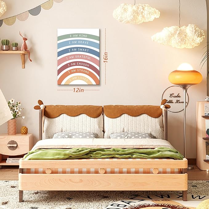 Framed Inspirational Canvas Art Wall Decor, Positive Quotations Picture Prints, Modern Boho Daily Affirmations Wall Art, Cute Rainbow Room Decor for Nursery Classroom Bedroom – 12x16in - Bloomnest