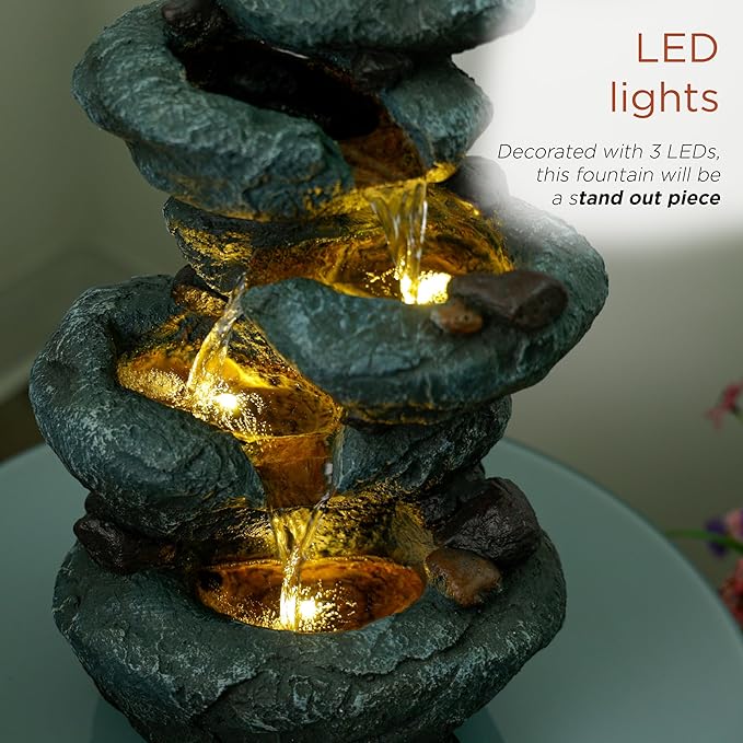 Alpine Corporation TZL418 14" 3 Tier Rock Fountain with LED Lights, Elegant Cascading Water Feature for Tabletop, Indoor Decor, Relaxing Stone Waterfall for Home & Office, Gray - Bloomnest