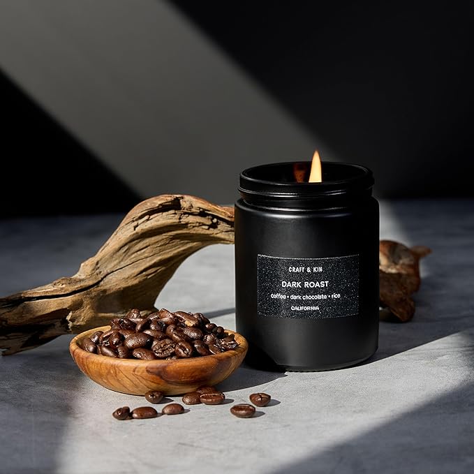 Craft & Kin Premium Dark Roast Coffee Candle | Black Christmas Scented Candles for Home | Long Lasting with 45 Hour Burn Time, 7.6oz | Soy Holiday Candle | Aromatherapy at Home | Gifts for Men - Bloomnest