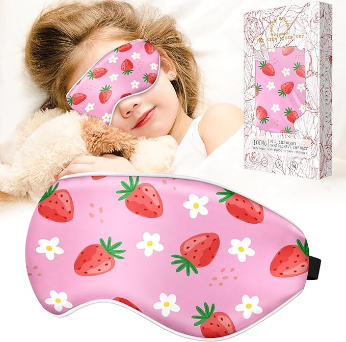 Sleep Mask for Kids - Silk Eye Mask for Sleeping Cute Cartoon Kids Sleep Mask for Boys Girls Teens Soft Smooth Adjustable Straps Silk Kids Eye Cover, Strawberry - Bloomnest