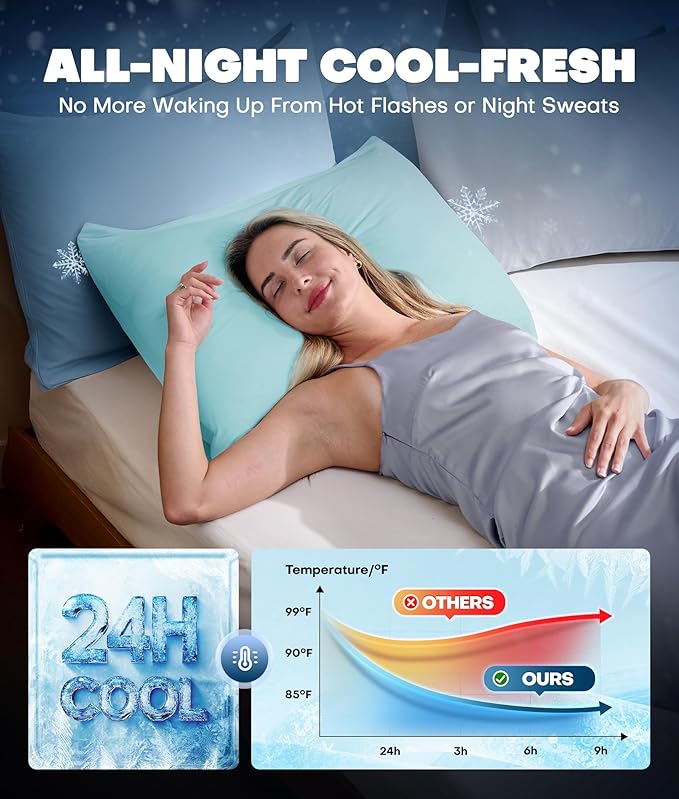 Ultra-Chill Cooling Pillowcase Set of 2 for Hot Sleepers, Softer Than Silk Pillow Cases for Protecting Hair & Skin, Breathable Bed Pillow Covers w/Zipper, Gifts for Women Men (Mint Blue, Queen) - Bloomnest