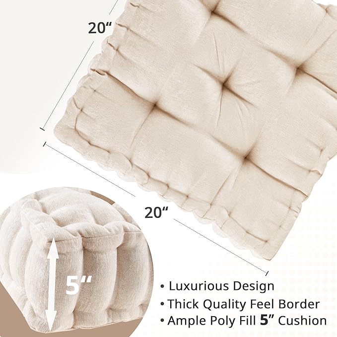 Intelligent Design Azza Floor Pillow, Large Cushions Sitting for Adults, Floor Pillow for Meditation or Yoga, Lustrous Chenille Tufted with Scalloped Edges for Bench/Chair Cushion, 20"x20"x5" Ivory