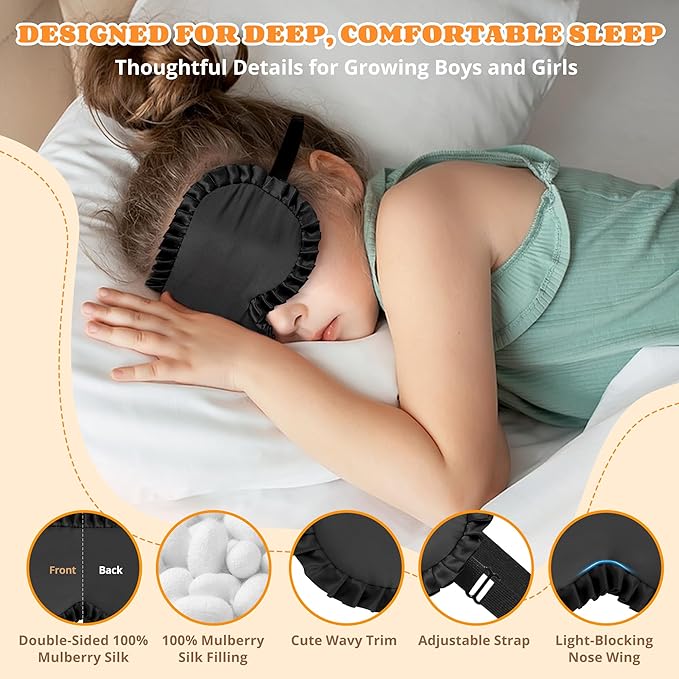 Kids Sleep Mask Eye Cover, 100% Real Mulberry Silk Sleep Mask with Adjustable Strap, Kids Blindfold for Sleeping, Boys Girls Eye Shade for Ages 5+, Soft and No Pressure (Black) - Bloomnest