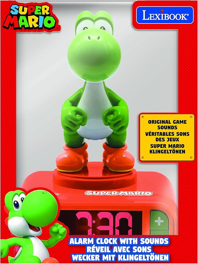 LEXiBOOK, Super Mario, Yoshi Nightlight Alarm Clock, Sounds and Melodies, LCD Backlit Screen, Luminous, Snooze, Red/Green, RL800NI1 - Bloomnest