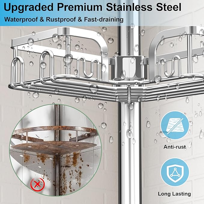 Corner Shower Caddy Tension Pole 4 Tier Adjustable Stainless Steel Shower Shelf for Inside Shower Bathtub Shampoo,Standing Bathroom Organizer Shelves with 39 to 113 inch Height - Bloomnest