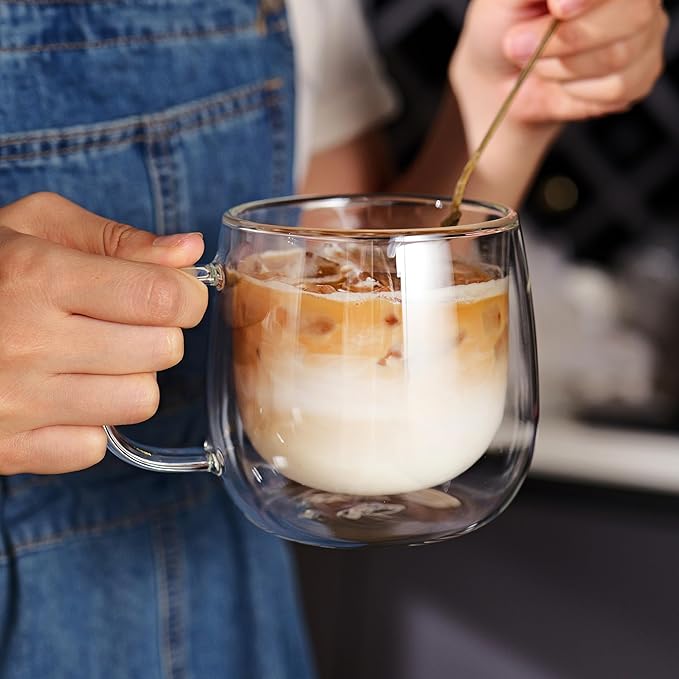CNGLASS 16oz Double Walled Glass Coffee Mugs(4-pack),Large Clear Coffee Cups with Handle,Glass Espresso Mugs for Latte,Cappuccino,Tea - Bloomnest