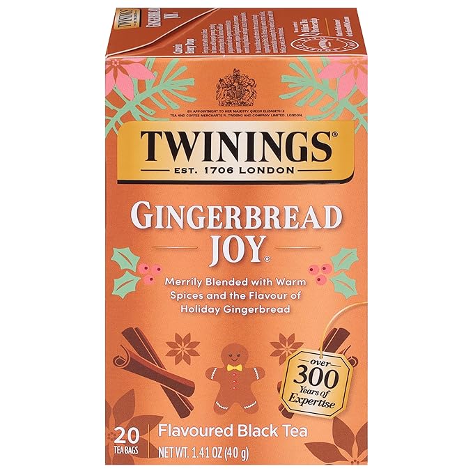 Twinings Gingerbread Joy Black Tea Individually Wrapped Bags, 20 Count (Pack of 1), Ginger & Cinnamon, Caffeinated, Enjoy Hot or Iced, 20 Teabags - Bloomnest