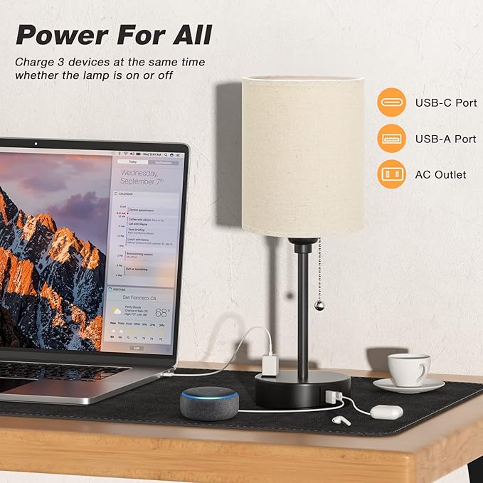 Beige Small Lamps 3 Levels Brightness - 3000K 4000K 5000K Bedside Lamps with USB C and A Ports, Pull Chain Table Lamps with AC Outlet, Nightstand Lamps with Black Metal Base for Bedroom Kids Reading - Bloomnest