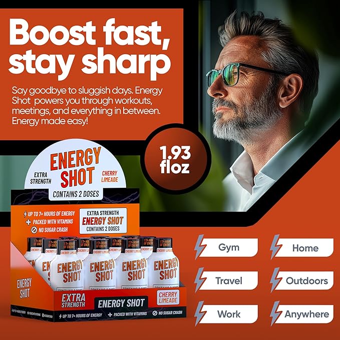 Cherry Limeade Extra Strength Energy Shot 24 pk – 260mg Natural Caffeine B12 B6 – Energy & Focus Support – 2 Servings Sugar Free Zero Calorie Green Tea B-Vitamins Electrolytes Vegan – 1.93 fl oz - Bloomnest