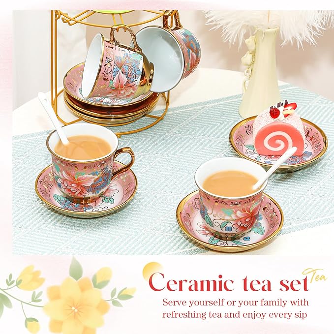 20 Pcs Porcelain Tea Set for Adults with Metal Holder and Spoon European Ceramic Tea Party Set Flower Painting Teapot Cup Saucer for Christmas Women Gifts, Serving 6 People(Fresh) - Bloomnest