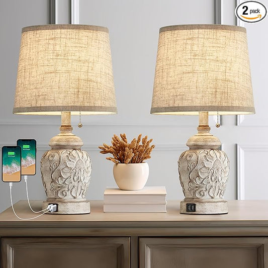 19.5" Vintage Rustic Table Lamp Set of 2 Farmhouse Table Lamps for Living Room Bedroom Decor with USB Ports Traditional Carved Floral White Bedside Night Light Lamps with Pull Chain Switch - Bloomnest